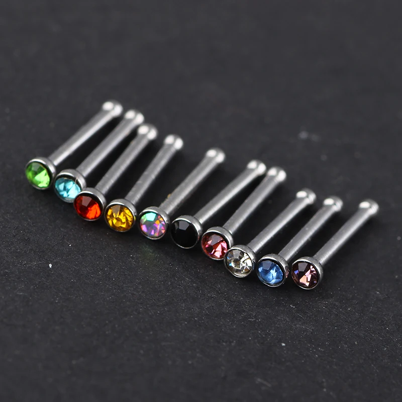 JUNLOWPY Fashion Single Gem Straight Nose Ring Mix 10 Colors 1000pcs/lot Body Piercing Jewelry Stainless Steel Nose Hoop Ring