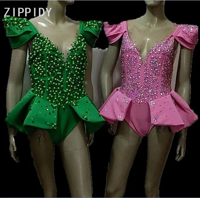 Sparkly strass malha bodysuit verde rosa pedras sem mangas bodysuit cantor feminino traje de aniversário das mulheres dança outfit