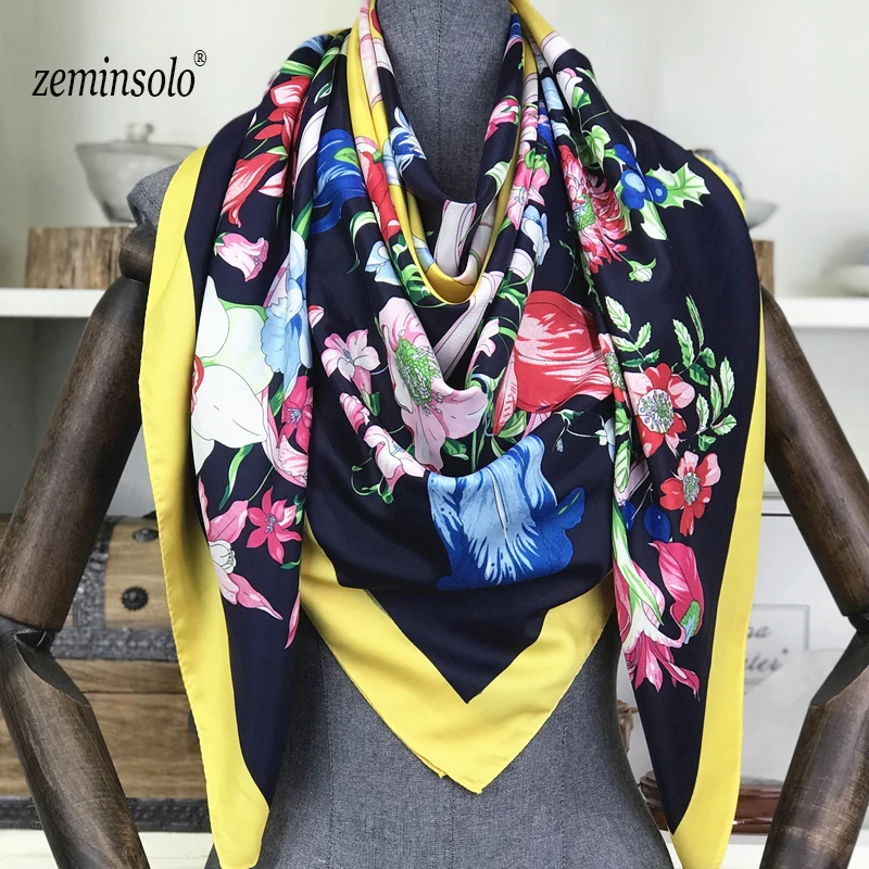 2020 Luxury Brand 100% Silk Scarf Multicolor Square Scarves Paris Design Print Kerchief Women Neck Shawl Wrap Echarpe 130*130cm