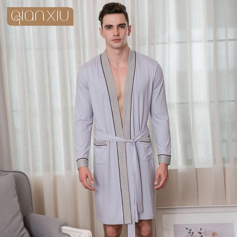 

2020 Spring Cotton bathrobes Men kimono robes male Casual patchwork bathrobe Male Long Sleeve V-neck collar home robes with belt