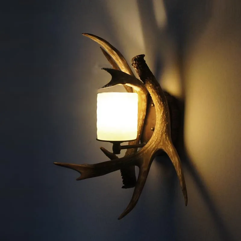 Retro northern American Resin Antlers one Head Wall Lights Rural Restaurant Glass Shade Bar Counter balcony Wall Lights