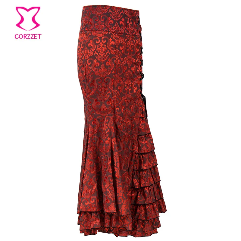 Red Brocade Lace Up Ruffle Mermaid Vintage Steampunk Skirt Plus Size Gothic Clothing Long Slim Victorian Skirts For Women S-6XL