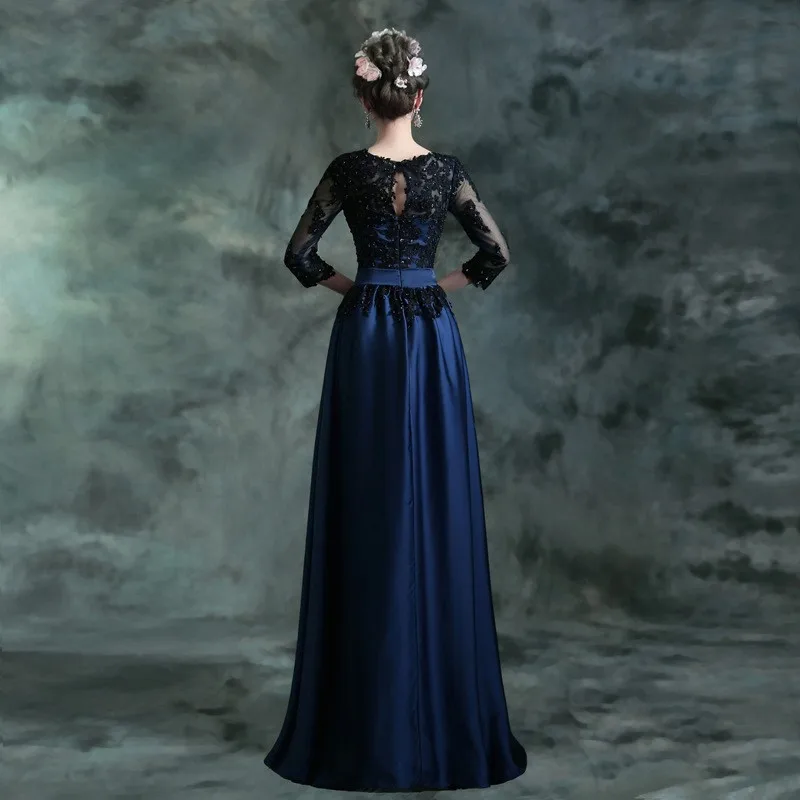 Robe De soirée longue bleue avec dentelle noire brodée, manches 2017, robes De fête mère De la mariée, nouvelle collection 3/4