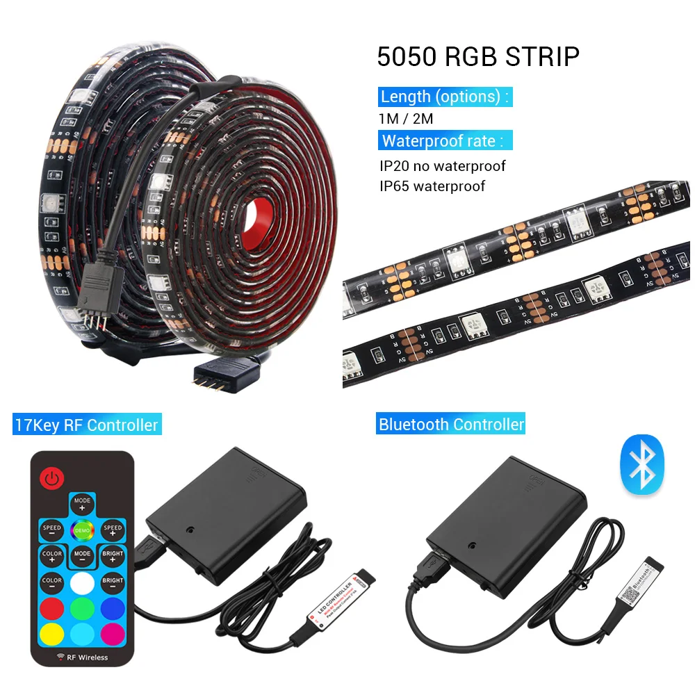 RGB Bateria LED Strip Light, 5050, Bluetooth, Controle APP, 17 Chaves, USB, Fita de diodo para Bycicle,Skate