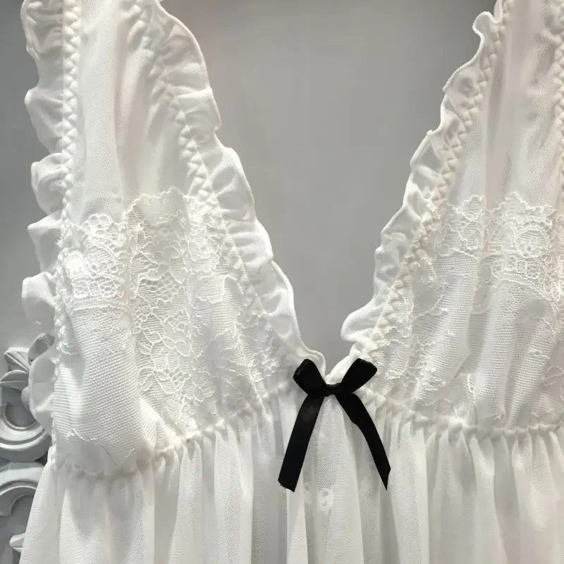 Lisacmvpnel Net Yarn Sexy Women Nightgown+Pantie Set Deep V Lace Women Sleepwear