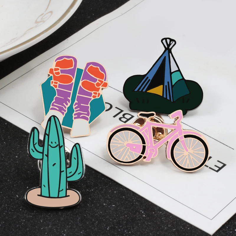 Cartoon Bicycle Cactus Tent Brooches Fashion Creative Travel Enamel Pin Child Backpack Badge Men Women Souvenir Brooch Jewelry