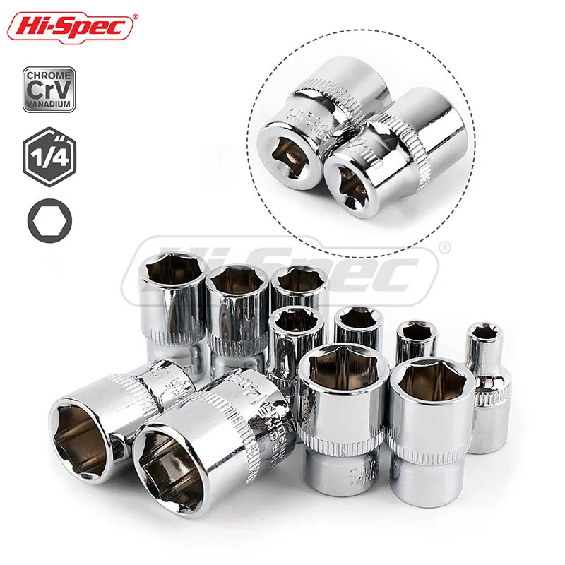 Hi-Spec 11pc 1/4  Socket Set Adapter Short Long Sockets 4-14mm Deep Socket Tool Heads Torque Spanner Ratchet Socket Wrench