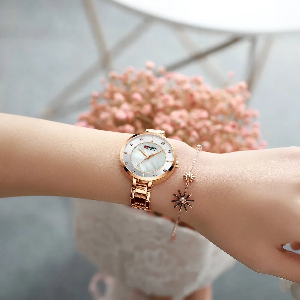 CURREN Ladies Watches Fashion Elegant Quartz Watch Women Dress Wristwatch with Rhinestone Set Dial Rose Gold Steel Band Clock