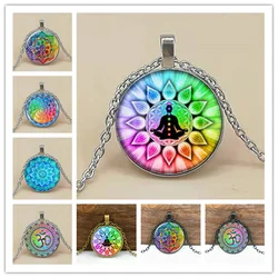 Rainbow 7 Chakra Mysterious Mandala Necklace Art Flower of Life Glass Cabochon Pendant Necklace Women Yoga Jewelry