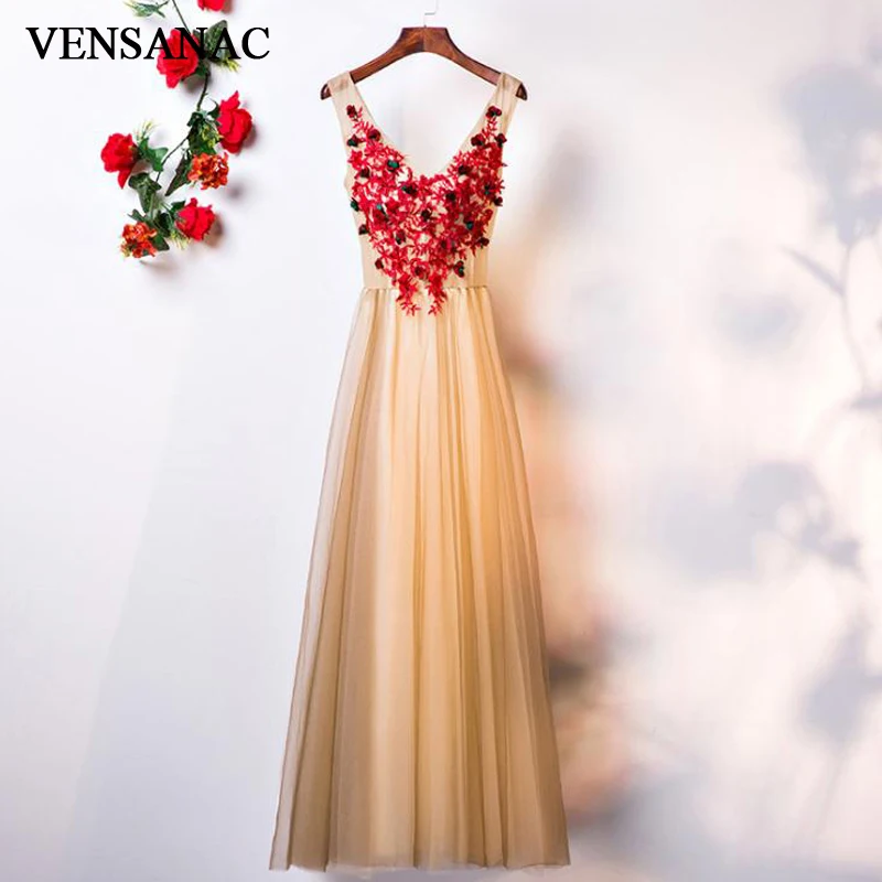 

VENSANAC 2018 V Neck Lace Flowers Appliques A Line Long Evening Dresses Elegant Party Crystal Backless Prom Gowns