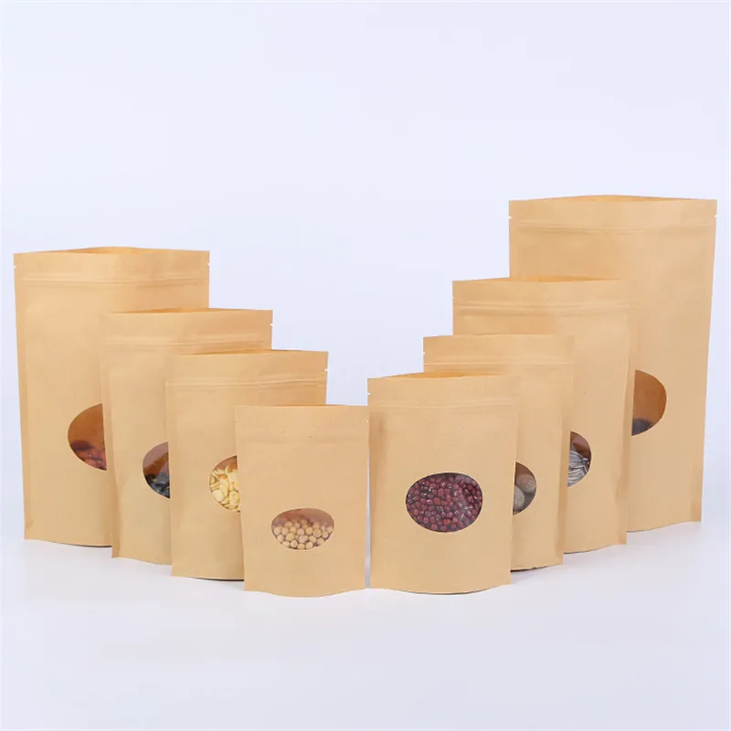 500pcs Standing Kraft Paper Bags with Round Window Yellow Kraft Pack Storage Dried Food Fruits Tea Electronic Product Pouches