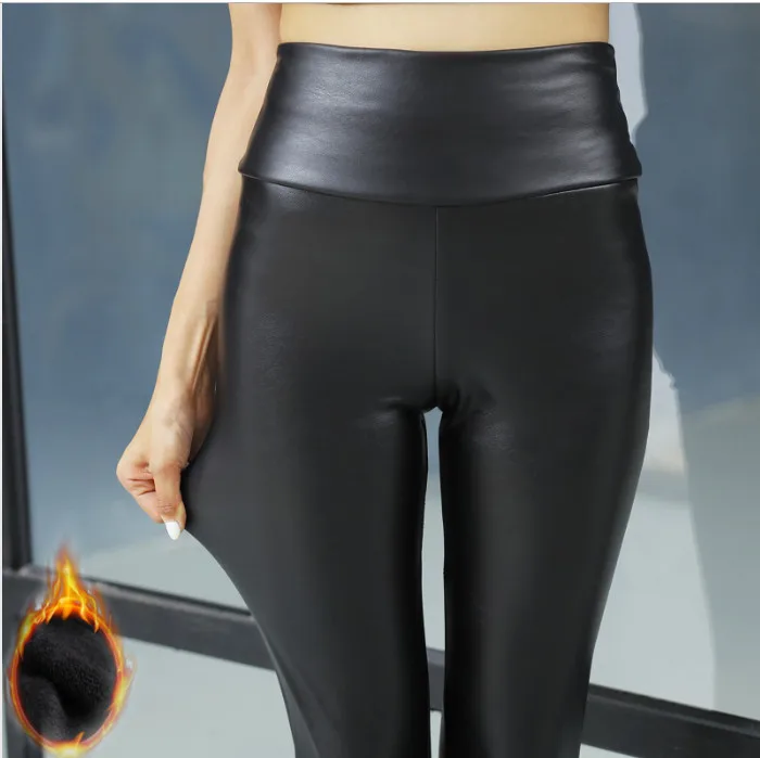 Leather Leggings Winter Fleece Lined Legging Fit High Stretchy Solid Good Elastic Slim Trousers Women OUC1705 Aidayou
