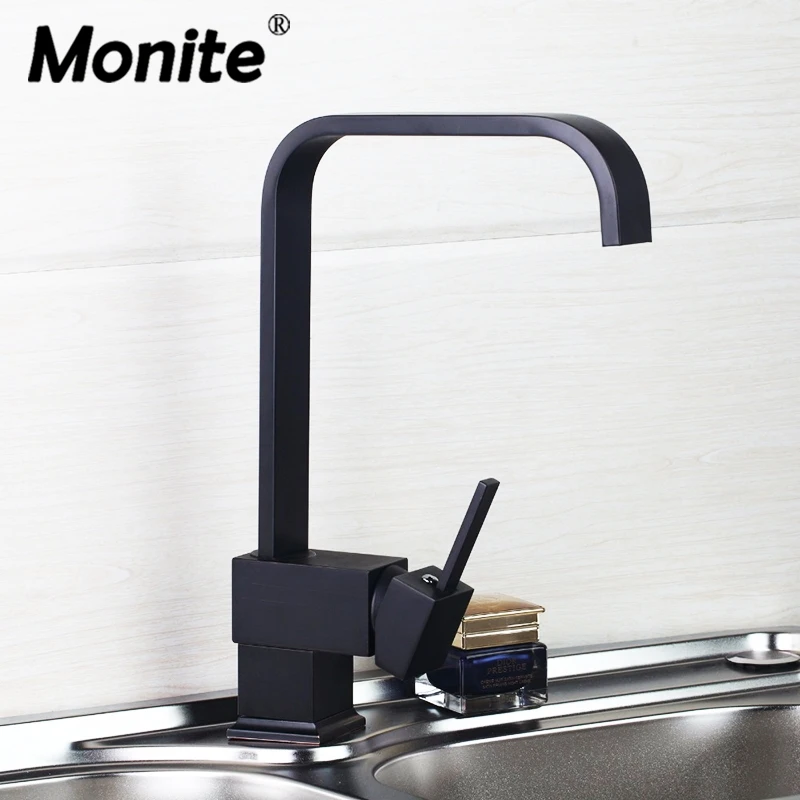 Monite Black Swivel Kitchen Faucet Stream 1 Handle Black Faucet Deck Mounted Vanity Basin Sink Mixer Tap