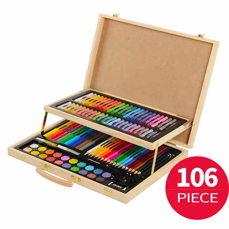 106 pieces Art Set Painting Set for Kids Children Drawing Color Pens Crayons with Wood Case Art Painting Drawing Tools