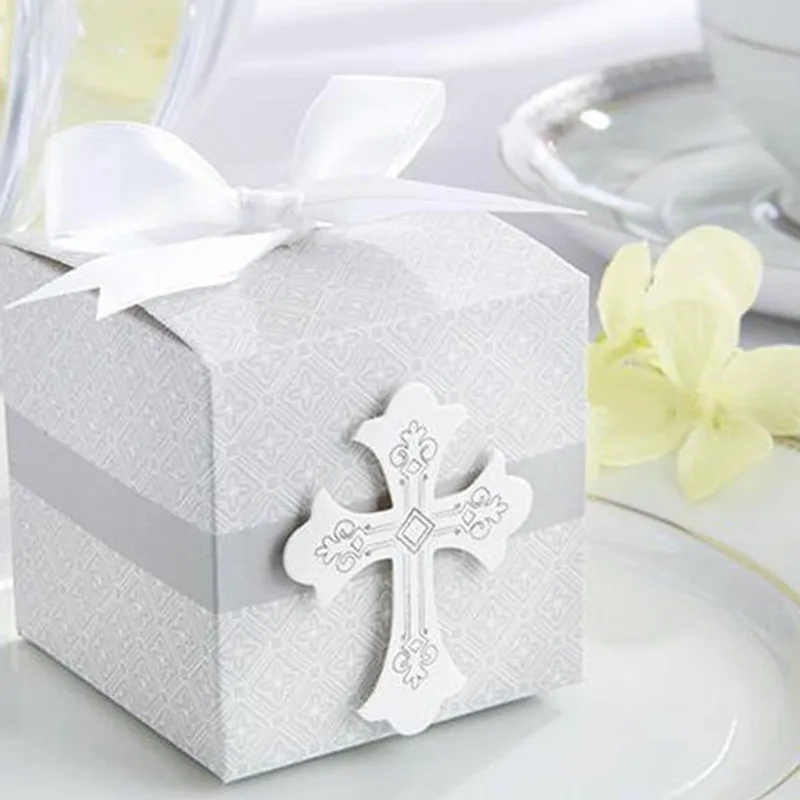 Pierwsza komunia krzyż pudełko cukierków chrzciny baby shower wesele bomboniere wrap posiadacze z wstążkami