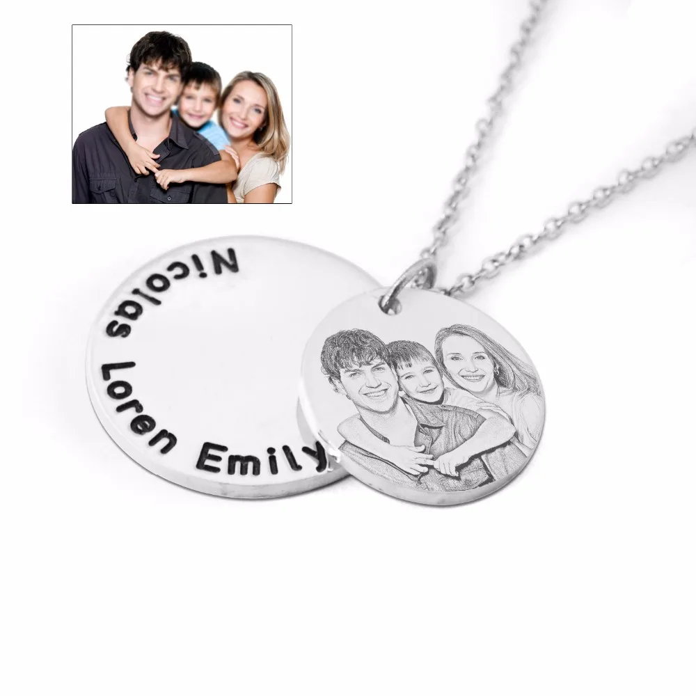 Amxiu Personalized Photo Necklace Engrave Family Photo Names Necklace Women Round Pendant Necklace 925 Sterling Silver Jewelry