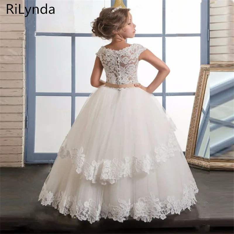 Vestidos de flores de encaje blanco para niñas, vestidos plisados con volantes para bodas, vestidos de primera comunión para niñas, vestidos para ocasiones especiales