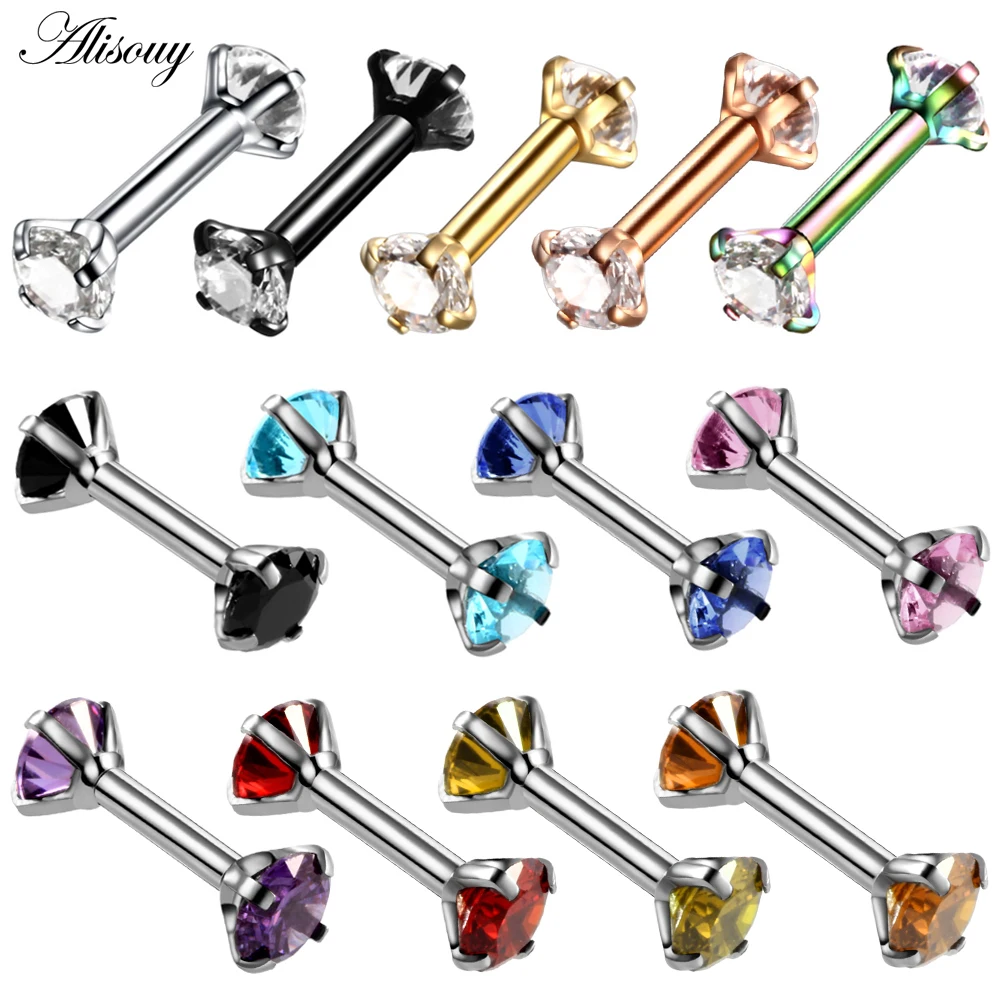 Alisouy 1pc Double Round Earring For Women Surgical Steel Bar Cartilage Piercing Crystal Zircon Rhinestone Ear Stud Bars Jewelry