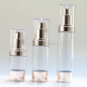 Pale gold airless bottle with clear lid vacuum pump lotion refillable cosmetic container 10pcs/lot 15ml 30ml 50ml