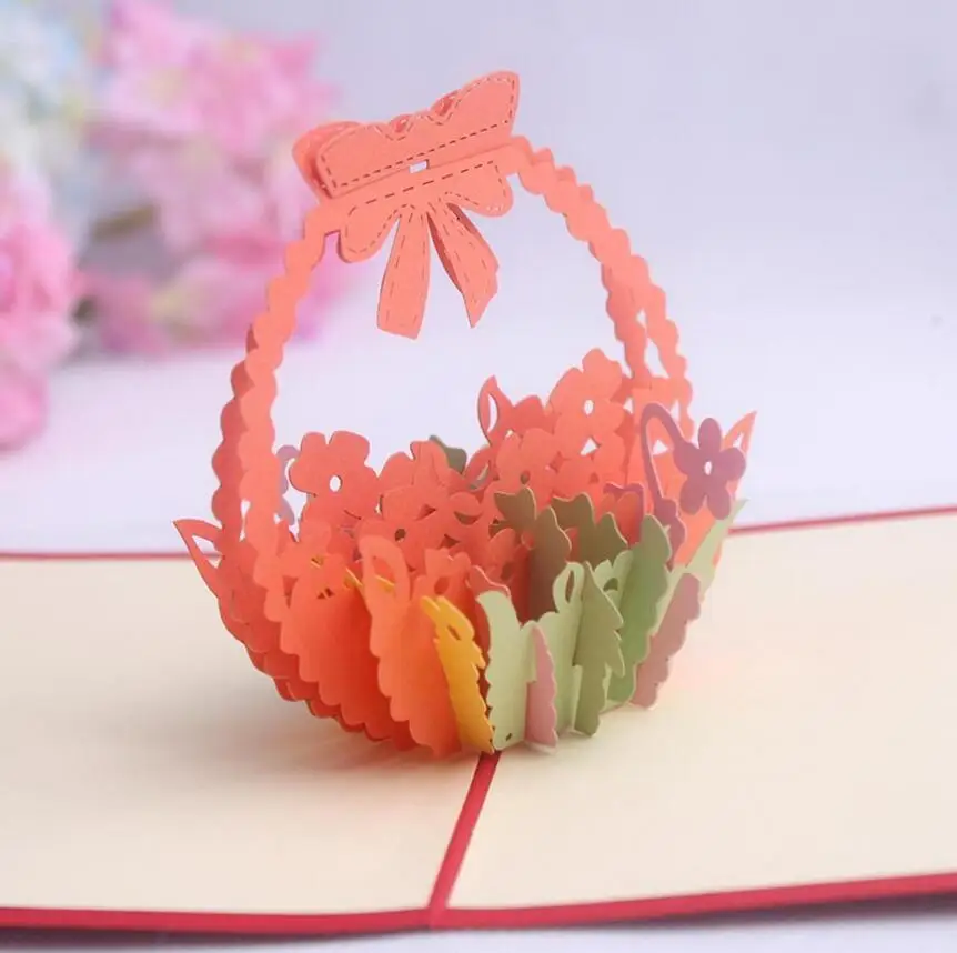 10pcs 3D Creative Flowers Basket Handmade Kirigami Origami Wedding Party Invitation Cards Greeding Birthday Card Postcard