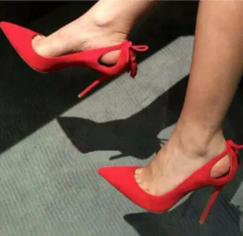 

Spring Fashion Red Suede Leather Ladies Sexy High Heels Cutout Style Fashion Women Pumps Fringe Back Female Party Shoes Size 42