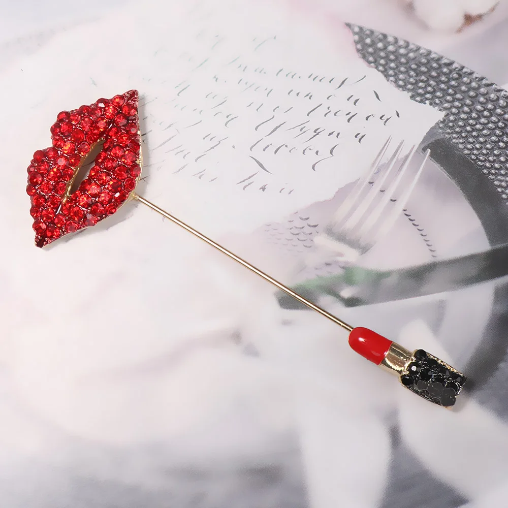 1 Pc Crystal Red Lipstick Brooches Enamel Pin For Women Jackets Accessories Rhinestone Lapel Pin Kiss Red Jewelry