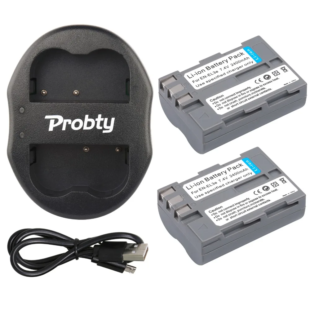 PROBTY 2pcs EN-EL3E en-el3e Battery + USB Dual Charger For Nikon D70 D70S D80 D90 D100 D200 D300 D300S D700 Camera