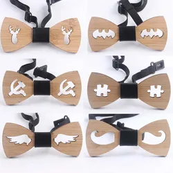 Elegant Men Wedding Party Hollow Out Carved Bamboo Wood Bowtie Children Necktie Elastic Band PU Wooden Bow Tie Cravat