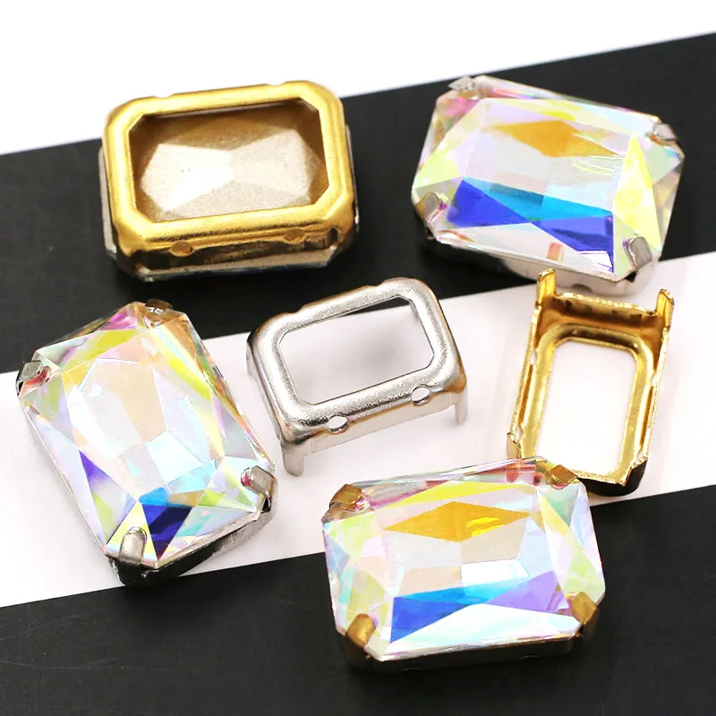 10x14mm 13x18mm K9 glass crystal Rectangular octagon Hollow base sew on rhinestones for clothing wedding decoration