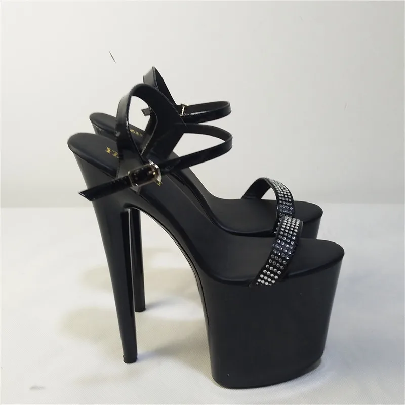 Black 8 inch Sexy Stiletto Sandals Club Transparent Heel 20Cm Ultra High Heels Shoes Open Toe Platform Rhinestone Straps shoes