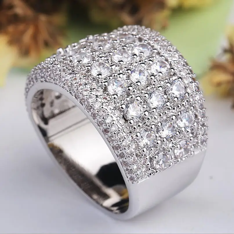 Hot Original Brand New Luxury Jewelry 925 Sterling Silver Filled Pave Full 5A CZ Zirconia Party Women Wedding Band Finger Ring