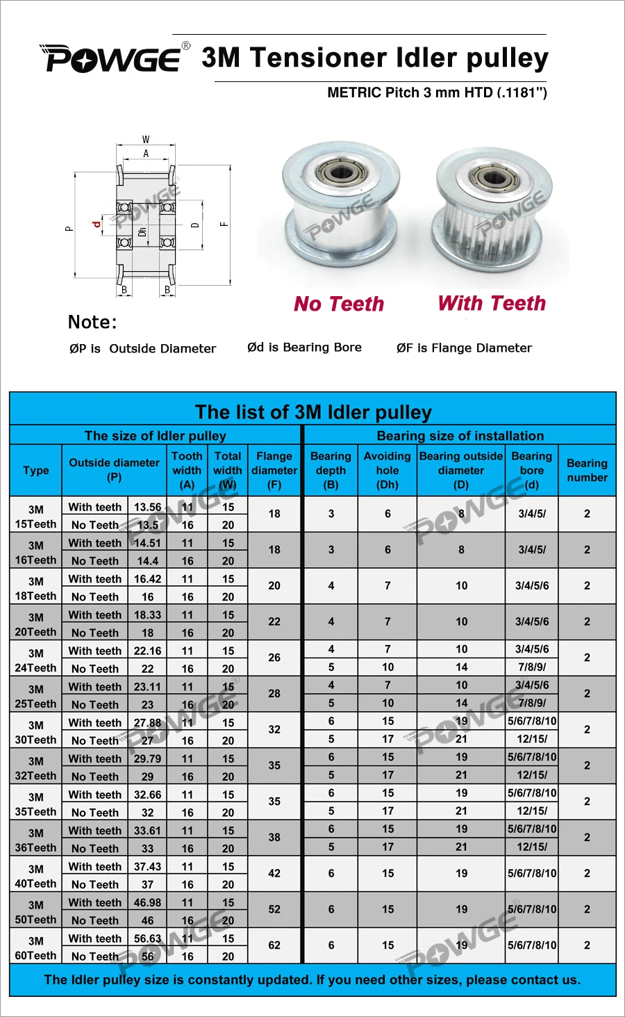 POWGE 20 Teeth 3M synchronous Pulley Idler Tensioner Wheel Bore 3/4/5/6mm with Bearing Guide Regulating pulley HTD3M 20teeth 20T