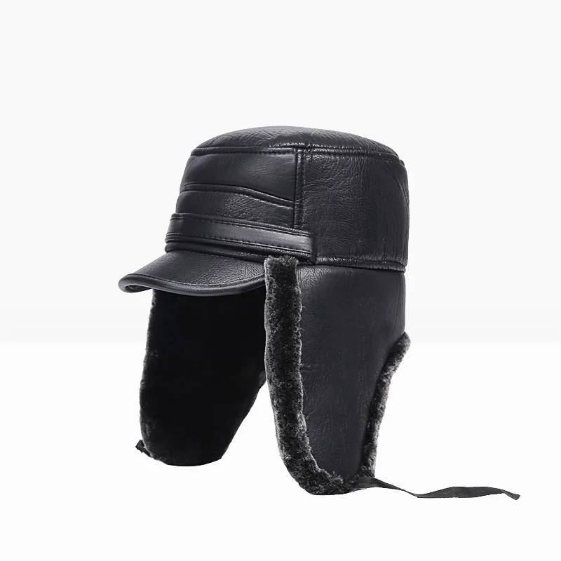 

B-8549 Unisex Winter Warm Hat Men's Leather Bomber Hats Thickened Ear Flat Warm Man Bomber Hat Russian Ushanka Hat