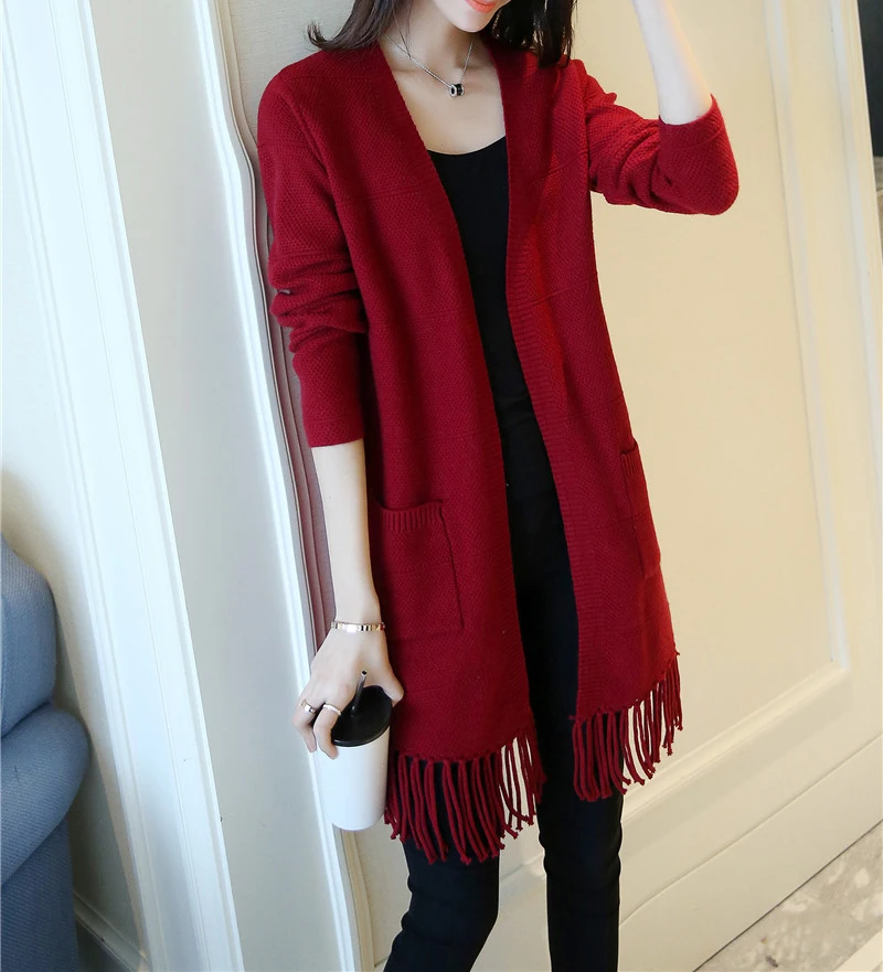 Tassel Cardigan For Women Autumn Winter Long Sleeve V Neck Pure Color Knitted Sweater Fringed Jackets Female Open Knit Cardigans