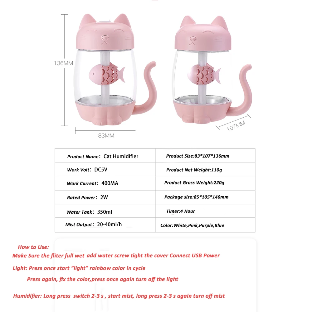 350ML Luftbefeuchter mit Licht Ultraschall Entzückende Katze Mini USB Humidificador Stille Farbe Licht 3 In 1 Aroma Diffusor für Auto
