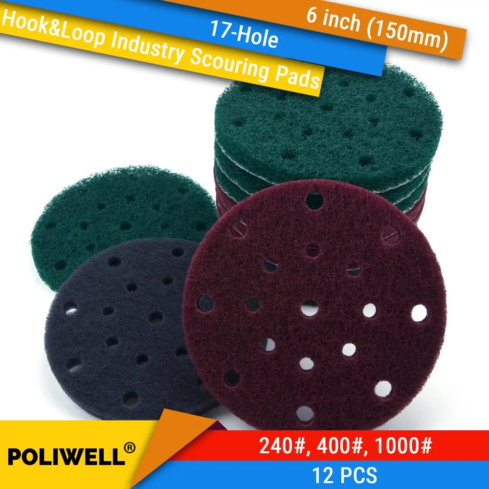 12PCS 6 Inch 150mm 17-Hole Round Hook&Loop Industrial Scouring Pads Heavy Duty 240#/400#/1000# Nylon Polishing Pad for Cleaning