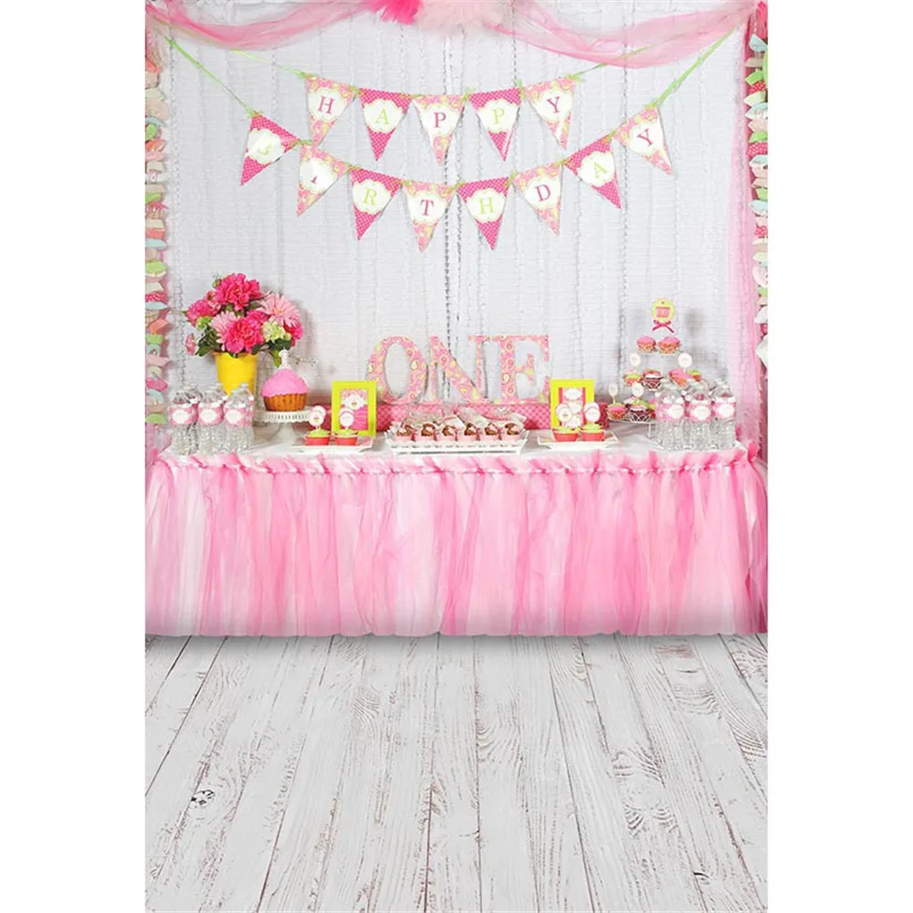 

Baby's 1st Birthday Party Photography Backdrops Printed White Wall Desserts Table Princess Girls Photo Backgrounds Wood Floor