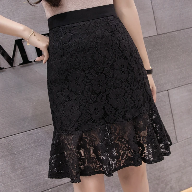 Special Offer Spring Summer Women High Waist Slim Mini Skirt High Quality Korean Style Sweet Mermaid Hem Lace Skirt Black XL