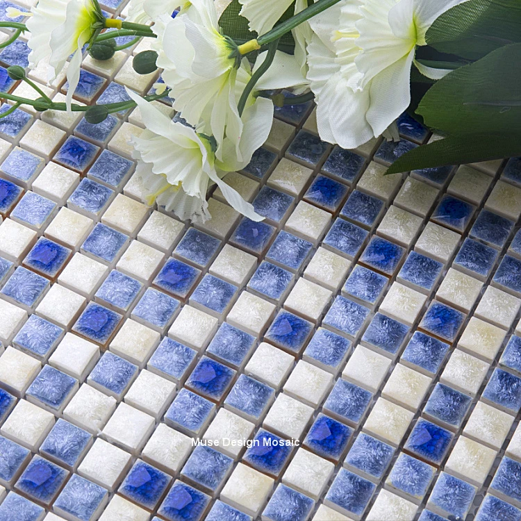 Simple Mediterranean Blue White Glazed Ceramic Mosaic tile for Kitchen backsplash bathroom showroom counter balcony floor tile