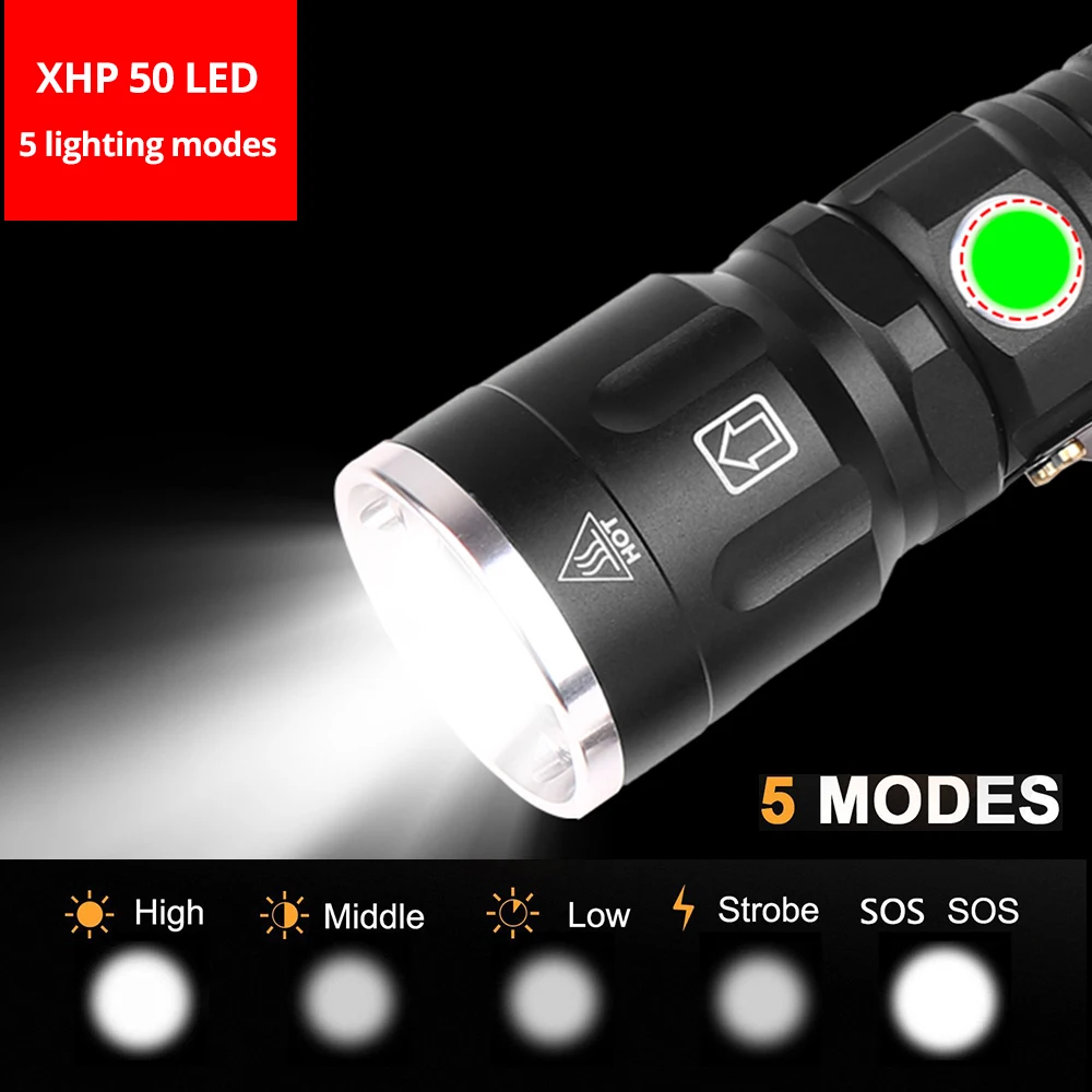 Super bright XHP50 LED Flashlight Waterproof 5 lighting modes Zoomable Torch Use 18650 or 26650 battery for outdoor adventures