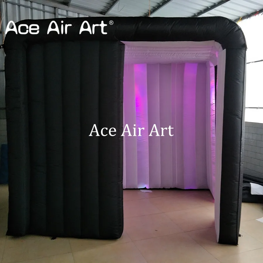 Customized Reusable Inflatable Photo Booth Black with White Backdrop for Photography with 2 Doors and LED Colorful Spotlights