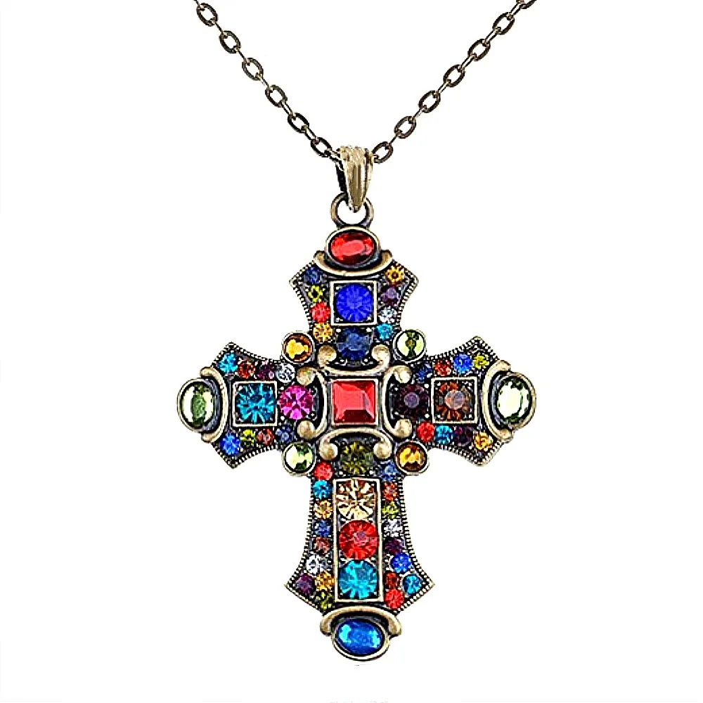 

Double Nose New Fashion Dropship Zinc Alloy Metal Mixed Colorful Crystal Rhinestone Big Cross Pendant Necklace For Men And Women