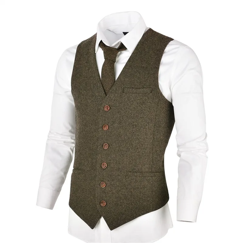 VOBOOM Wool Tweed Mens Waistcoat Single-breasted Herringbone Slim Fitted Suit Vests 007