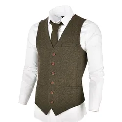 VOBOOM – gilet en laine Tweed pour hommes, gilet à simple boutonnage à chevrons, Slim ajusté, 007