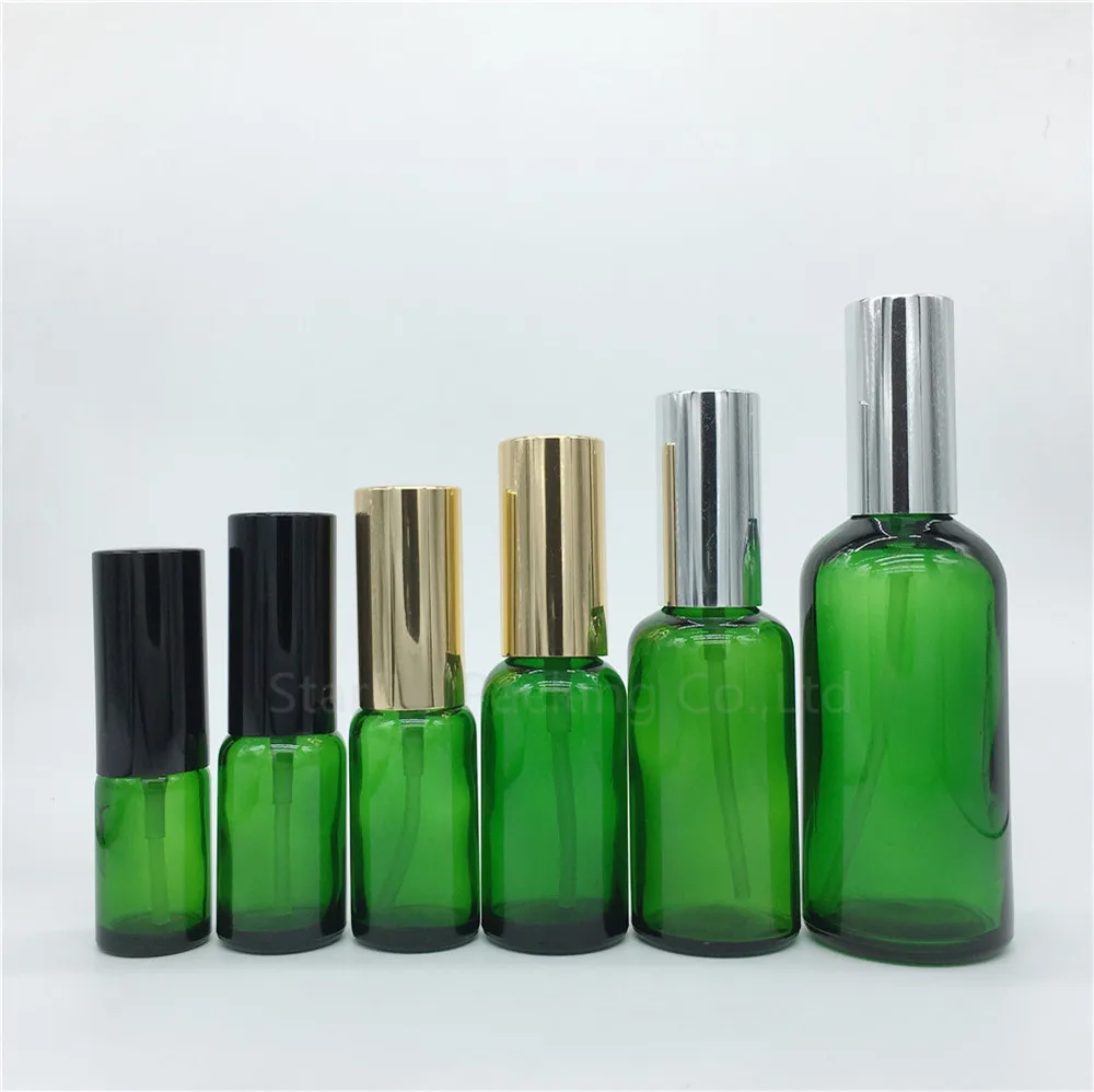 

100PCS 5ml 10ml 15ml 20ml 30ml 50ml 100ml Empty Green Glass Spray Bottle Perfume Container Refillable Cosmetic Atomizer Bottles