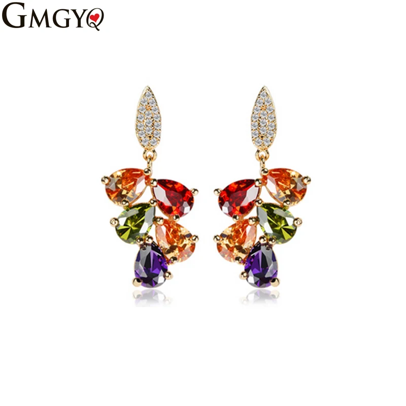 GMGYQ Goud Kleur Multicolor Crystal Stone Oorbellen Voor Vrouwen Water Drop Zirconia Cluster Dangle Earring Aretes De Mujer