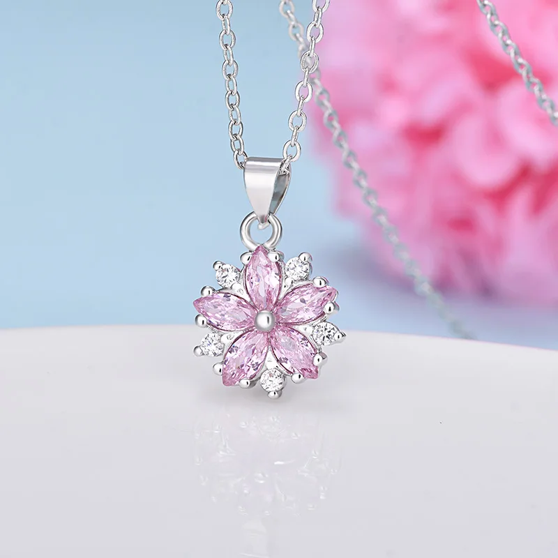 Buyee 925 Sterling Silver Flower Pendant Chain Pink & Yellow Crystal Cherry Blossoms Pendant for Woman Fine Jewelry Chain