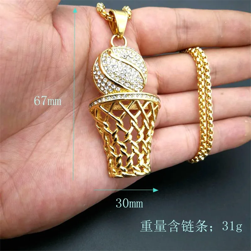 Hip Hop Stainless Steel Iced Out Pave Cubic Zirconia Basketball Basket Pendant With Chains Gold Color Hip Hop Necklace Jewelry