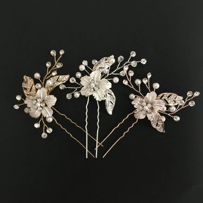 

SLBRIDAL Handmade Clear Crystals Pearls Flower Wedding Hair Pin Bridal Hair Stickers Hair accessories Bridesmaids Women Jewelry