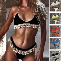 Tığ Bikini seti kabuk püsküller Bikini brezilyalı tığ mayo kadınlar Halter mayo Strappy Bikini ücretsiz kargo 2019 yeni